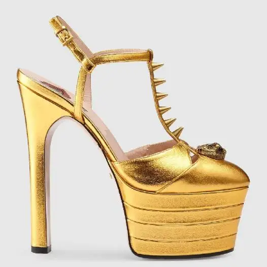 golden Подиумные босоножки из натуральной кожи с ремешком на лодыжке на высоком каблуке летние женские босоножки на платформе женская обувь на тонком каблуке с закрытым носком 34-43 - Цвет: golden