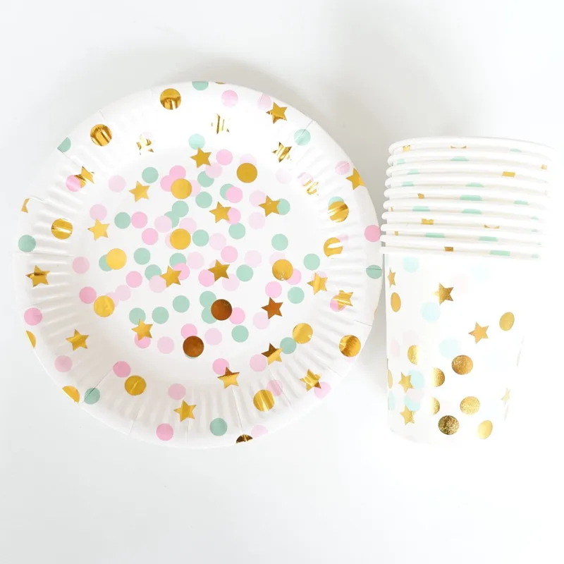 Colour Dot 20 шт./лот, одноразовые столовые приборы из золотой фольги с буквами, бумажные тарелки для вечеринки, для детского душа, для вечеринки на день рождения, бумажные стаканчики, посуда - Цвет: Colour Dot