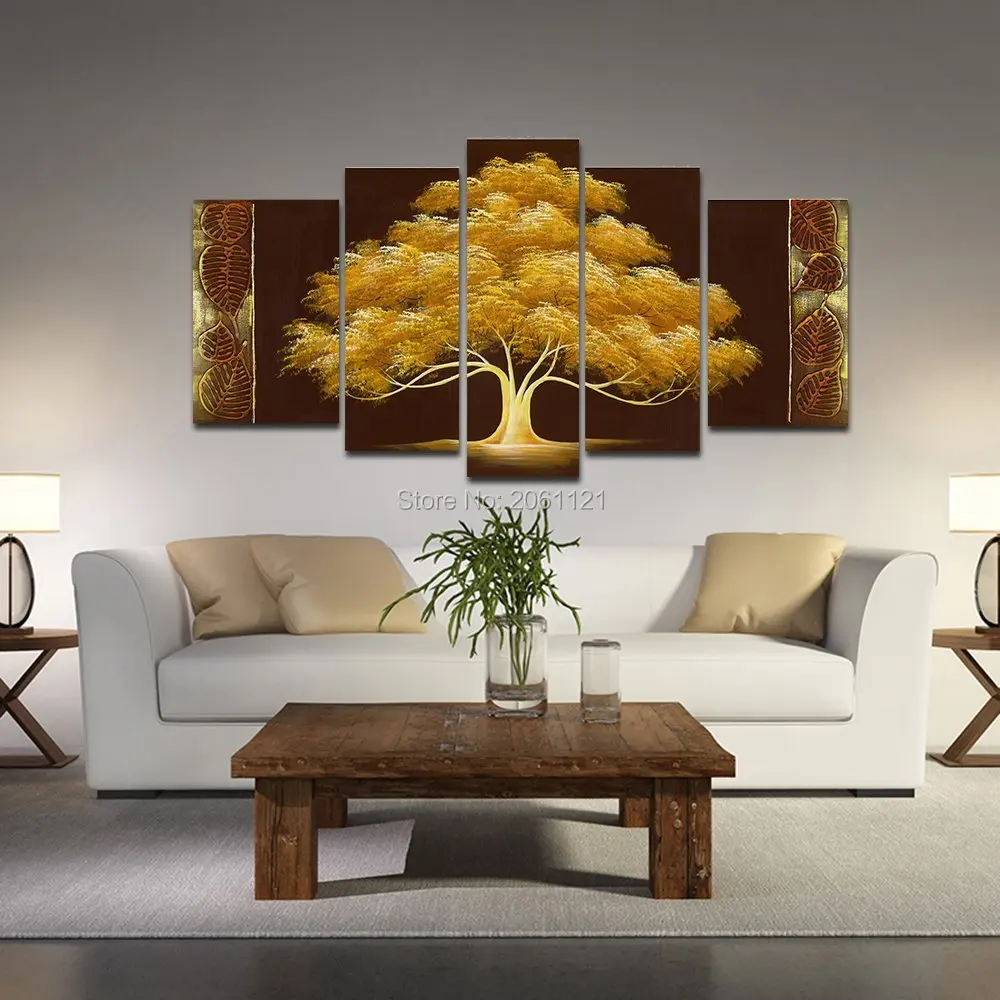 

Hand Painted autumn Tree Oil Painting yellow brown Abstract Modern Canvas Wall Art Living Room Decor landscape Picture 5pcs