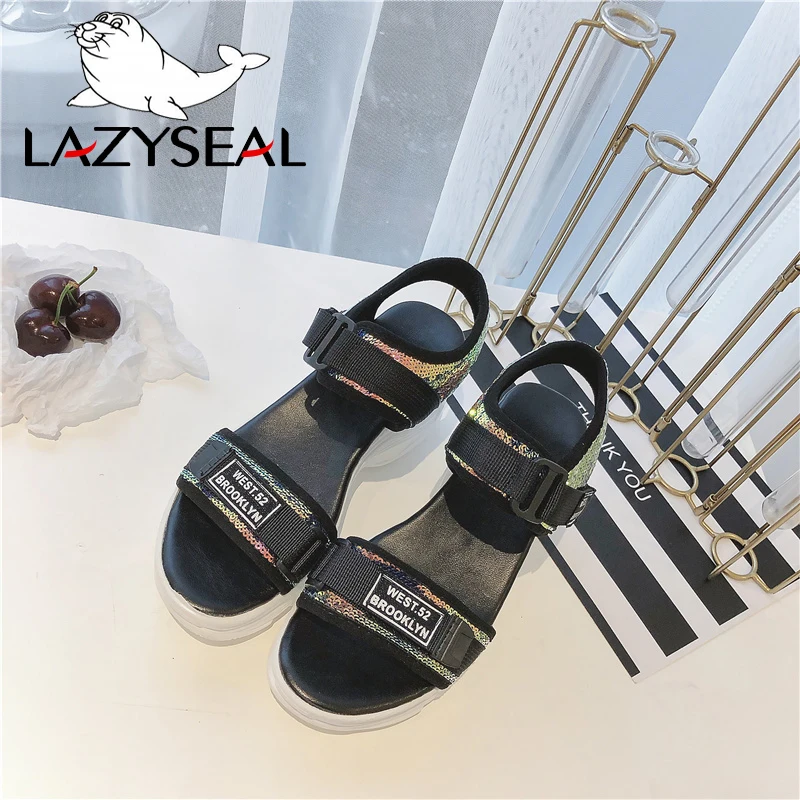 LazySeal; Новинка; босоножки на танкетке; женская обувь из блестящей ткани; Босоножки на платформе на застежке-липучке; обувь на толстой подошве; женская обувь; sandalias