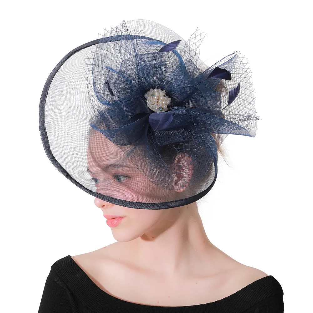 Большая Свадебная вуалетка с темно-синими цветами шляпа аксессуары для волос