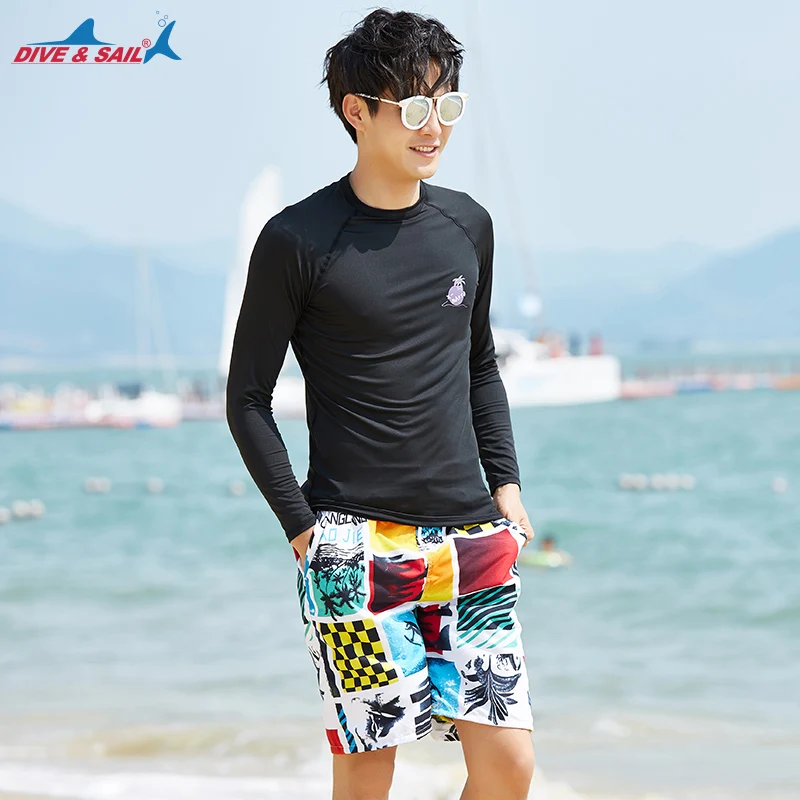 Dive& sail Мужская защита от ультрафиолета UPF 50+ Skins rhguard рубашка с длинными рукавами с чемоданы с принтами черная быстросохнущая