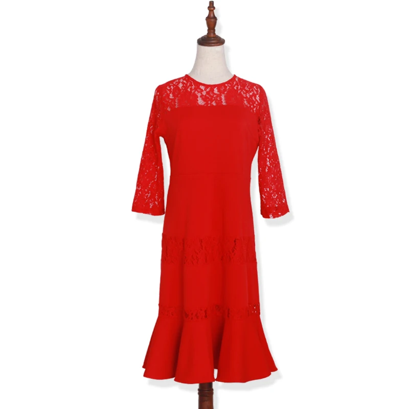 

Queechalle 2021 Autumn Dress women fashion lace patchwork ruffles a-line dress loose plus size O neck casual dresses red 4xl 5xl