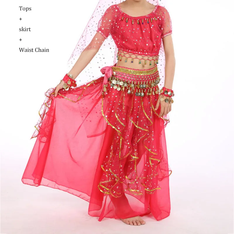 Rose Red 3 pcs Классические костюмы для танца живота для девочек; цвет красный, желтый, синий, фиолетовый; Топы+ юбка; оригинальные красивые детские сценические костюмы; Q4012 - Цвет: Rose Red 3 pcs