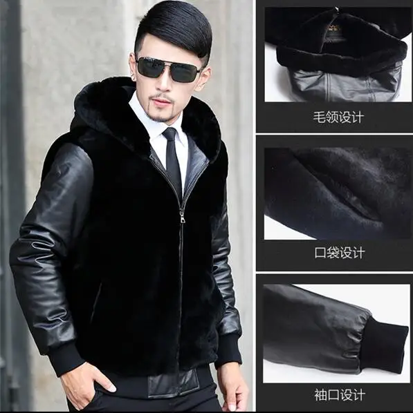 

Winter thicken thermal mink hair overcoat fur leather jackets men casual mens PU patchwork coats outerwear hooded black fashion