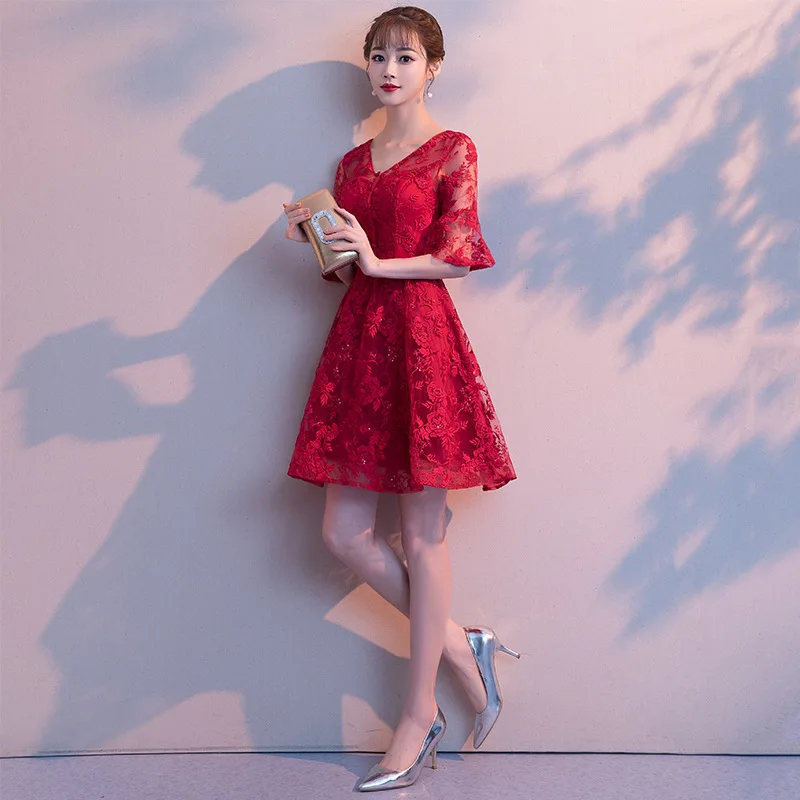 Красное короткое вечернее платье 2019 традиционное китайское кружевное Ципао