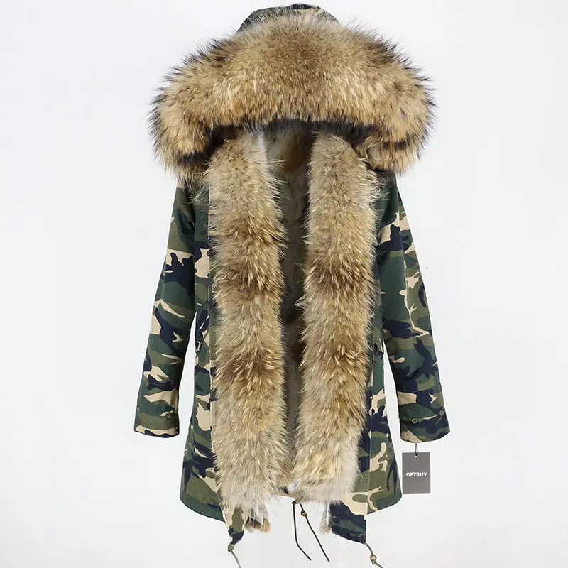 camo natural E OFTBUY длинная парка, пальто с натуральным мехом, зимняя куртка для женщин, воротник из натурального меха енота, капюшон, теплая толстая подкладка из меха кролика, уличная одежда - Цвет: camo natural E