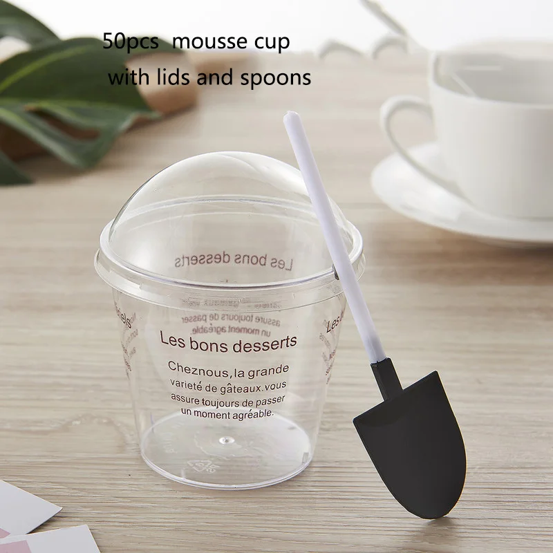 50pcs withlid spoons 200 мл 50 шт./компл. мусс, десертные чашки прозрачный Пластик пудинг чашки мини чашка для парфэ прозрачная крышка для чашки ложка для мороженого инструмент - Цвет: 50pcs withlid spoons