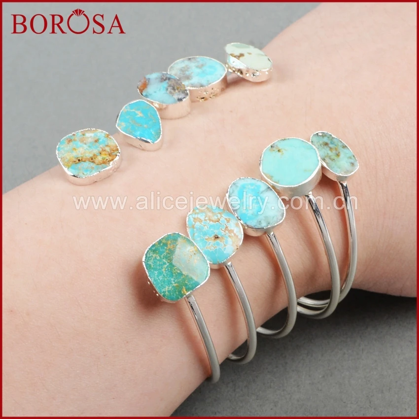 

BOROSA 5 piece silver Plated Double Bezel Natural Blue Stone Druzy Bangles Adjustable Freeform Fashion Jewelry gift S0235