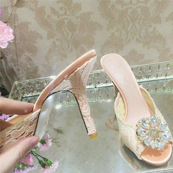 light pink Стразы; кружевные шлепанцы с вырезами; Женская Роскошная обувь для вечеринок с кристаллами; пикантные женские туфли без задника на высоком каблуке с открытым носком - Цвет: light pink