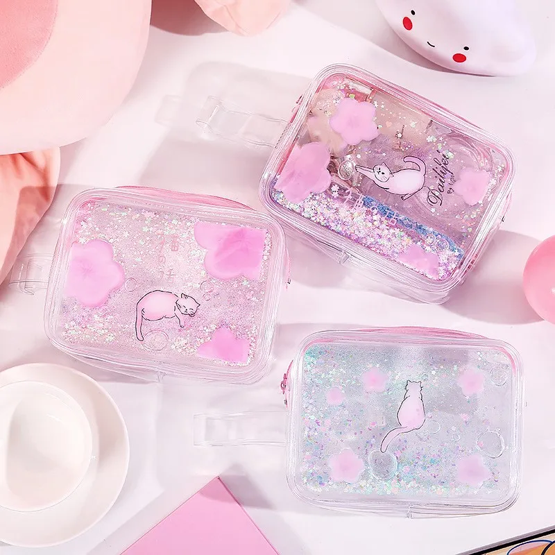 Женские дорожные косметички из ПВХ для девочек Kawaii Cat прозрачные блестки вишневые косметички для макияжа ящик-органайзер для хранения
