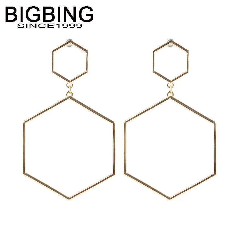 R051 BIGBING модные ювелирные изделия Золотой шестигранный круг серьги гвоздики набор