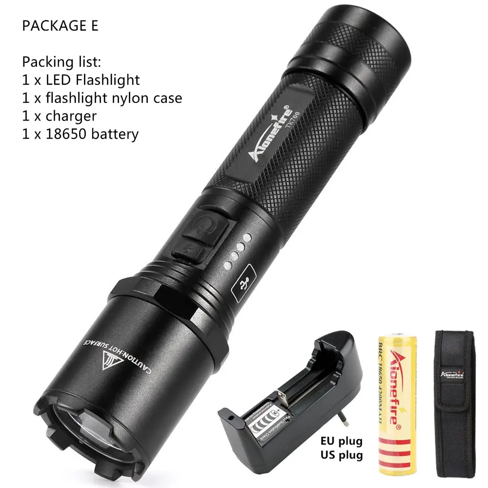 AloneFire TK700 CREE L2 светодиодный светильник с зарядкой от USB, тактический фонарь, мигающий фонарь для самообороны, полицейский рабочий светильник 18650 - Испускаемый цвет: PACKAGE E