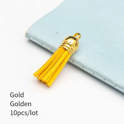 Gold Golden 10 штук 35 мм кожаные подвески с кисточками из искусственной замши с шапками для брелоков, ремешки для ключей, аксессуары для самостоятельного изготовления, многоцветные - Цвет: Gold Golden