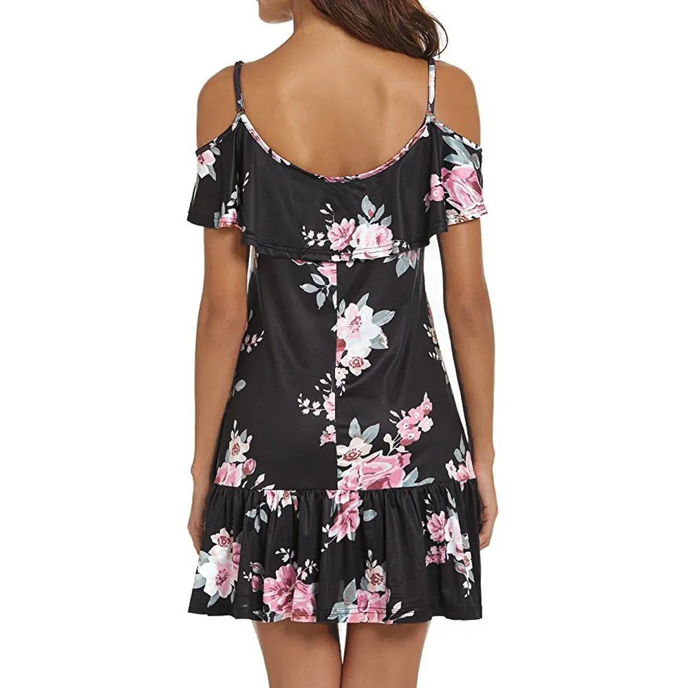 Bohemia Women Dresses Sexy Cold Shoulder Floral Printed Mini Dress Spaghetti Strap Beach Summer Dress vestidos femininos