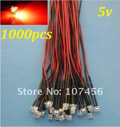 Free shipping 1000pcs Flat Top Red LED Lamp Light Set Pre-Wired 5mm 5V DC Wired 5mm 5v big/wide angle red led