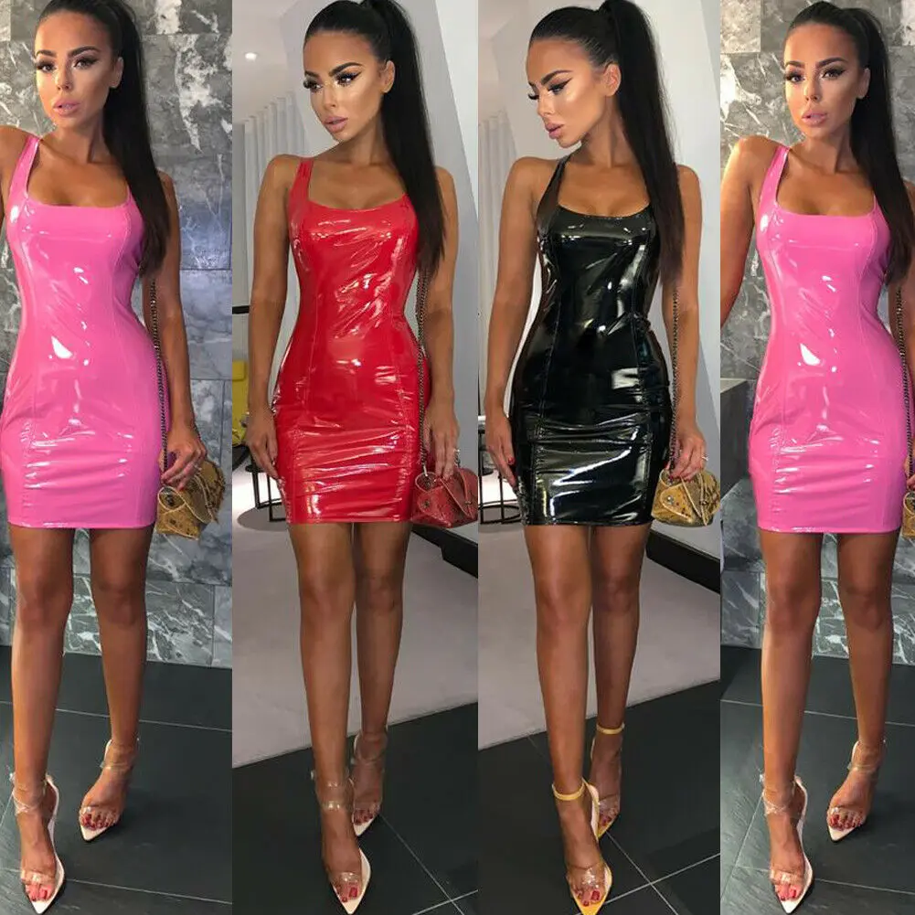 Женский облегающий костюм из искусственной кожи Короткое мини-платье пикантная