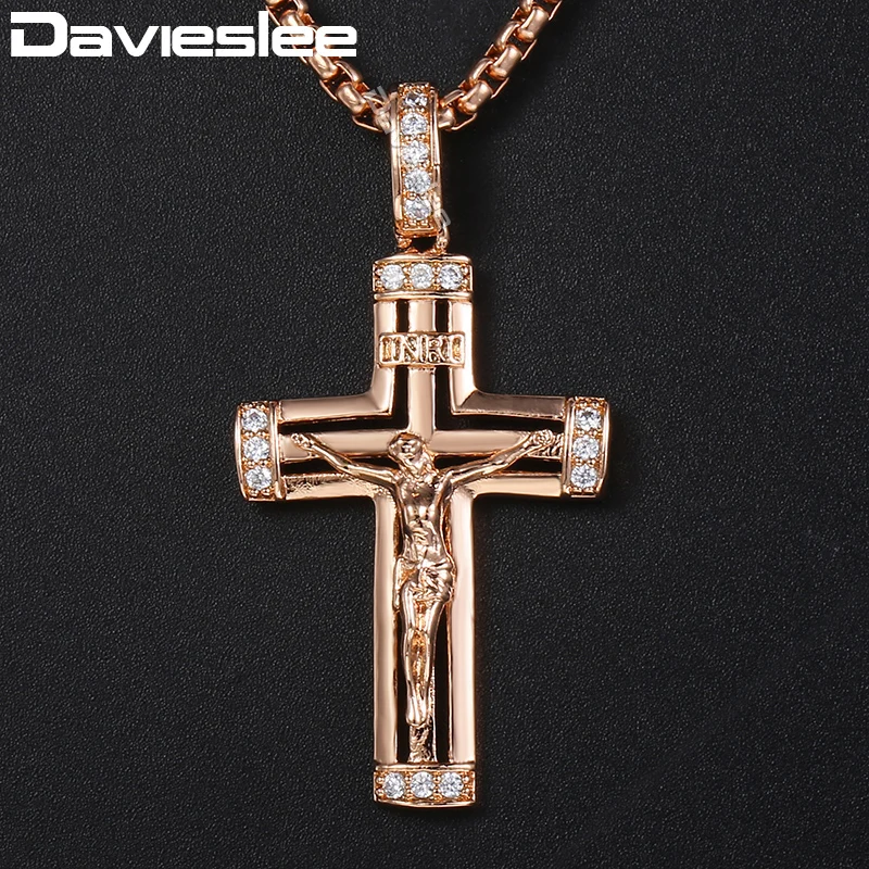 Davieslee крест кулон Цепочки и ожерелья для Для женщин 585 Rose Gold Filled Ясно Стразы Иисус