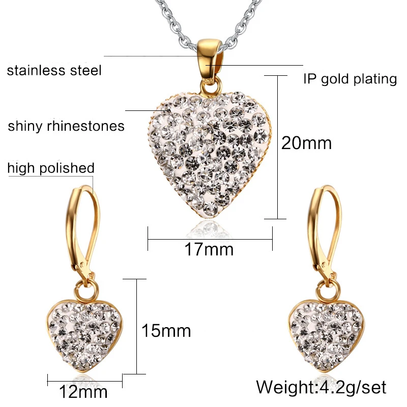 Романтический Сердце Подвески серьги комплект ювелирных изделий блестящими