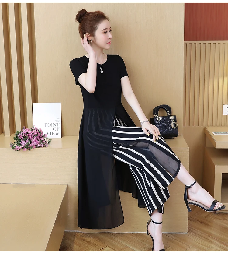 summer style two piece set top and pants plus size chiffon fork split long shirt + striped wide leg women special clothing | Женская