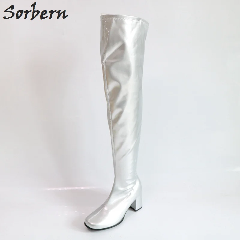 Silver Shiny Sorbern Custom расклешённые сапоги женские квадратные носки 70 S GOGO сапоги женские до середины бедра высокие сапоги блочный каблук старинная обувь на квадратном каблуке - Цвет: Silver Shiny