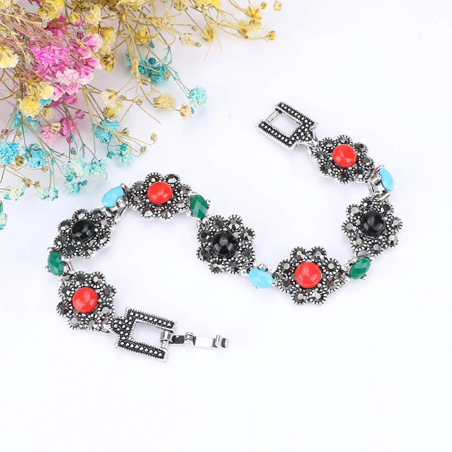 Kinel браслет с шармами для женщин серебристые черные кристаллы цветок Ретро