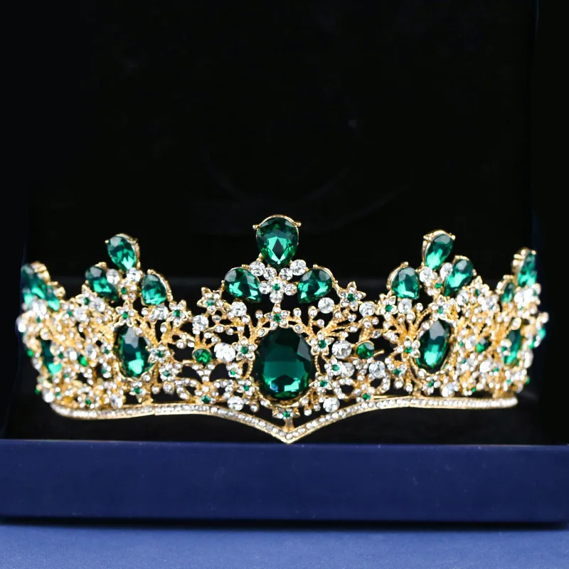 

Baroque Red Blue Green Crown Crystal Bridal Tiaras Vintage Gold Hair Accessories Wedding Rhinestone Diadem Pageant Crowns
