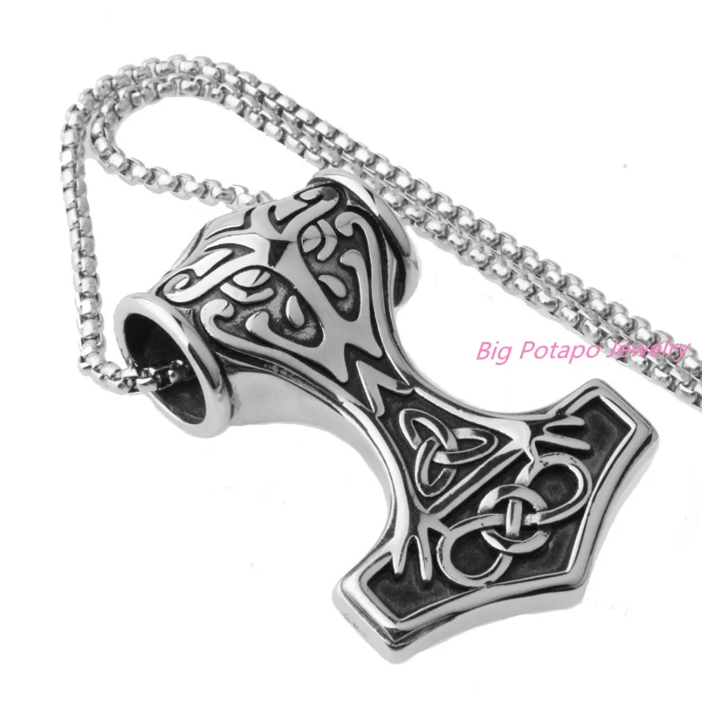 

Fashion Thors Hammer Celtic Knot Myth Mjolnir Stainless Steel Pendant with Chain Necklace Punk Rock Free Shipping