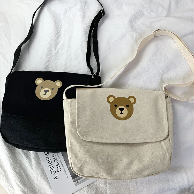 Женские холщовые сумки с мультипликационным медведем летние мягкие простые на