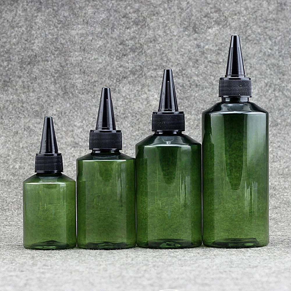 

50/100/150/200ml deep green color round empty cosmetics container with pointed mouth top cap,DIY E liquid Lotion plastic bottles
