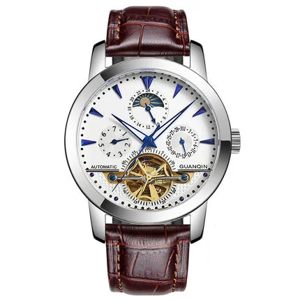 White blue leather Гарантия 12 месяцев турбийон часы Роскошные Мужские механические часы бренд GUANQIN сапфир Водонепроницаемые 100 м модные мужские часы - Цвет: White blue leather