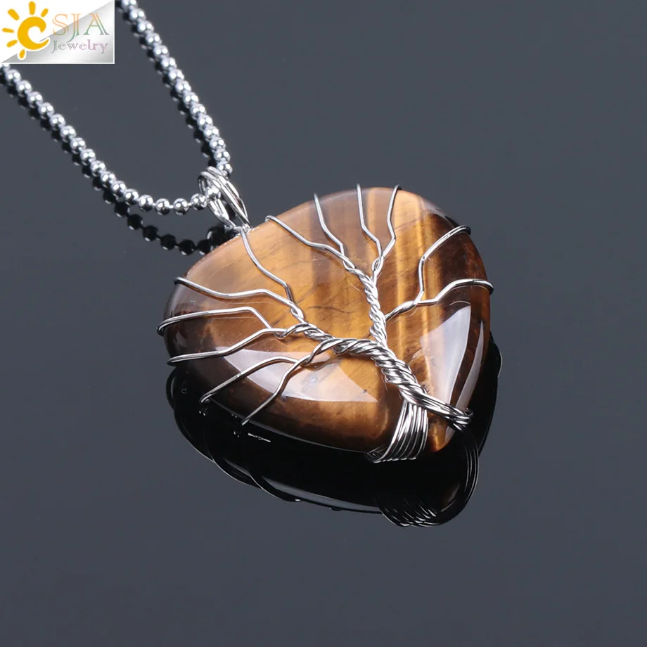 Tiger Eye Chain CSJA "Древо жизни" проволочный обернутый Любовь Сердце ожерелье и подвеска натуральный драгоценный камень тигровый глаз розовый кварц черный оникс F053 - Окраска металла: Tiger Eye Chain