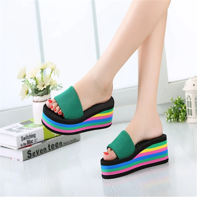 

2019 summer women's shoes new drag thick bottom high heel rainbow sponge cake wedge sandals women's slippers