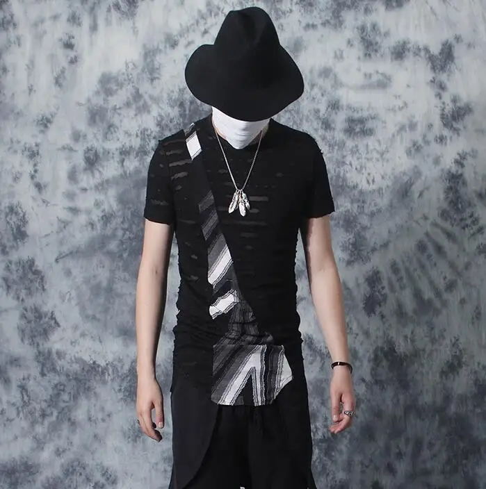 

Fashion male short-sleeve slim tshirt men personality vintage hole cutout color block round collar T-shirt men chemise homme
