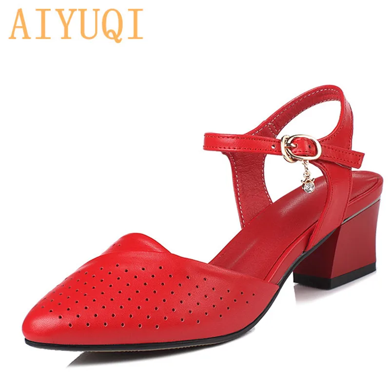 

AIYUQI Women shoes sandals summer 2021 new genuine leather women sandals Pointed fashion wedding shoes red Hole dress shoes