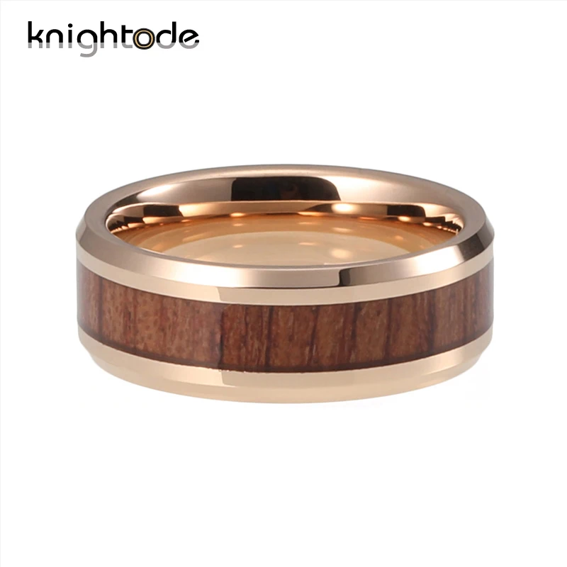 Rose Gold 8mm Tungsten Wedding Band Koa Wood Inlay Men Women Engagement Ring Beveled Edges