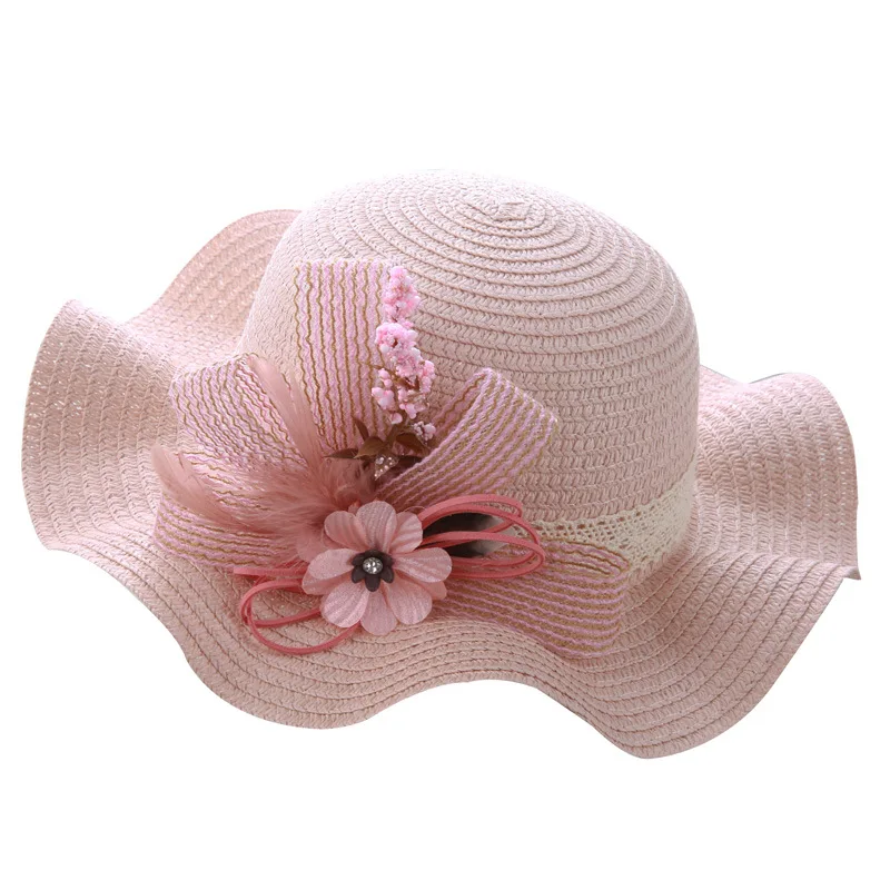 2019 baby girl hat summer bow straw solid color flowers outdoor cool Korean casual wave big along beach kids beanies | Детская одежда и