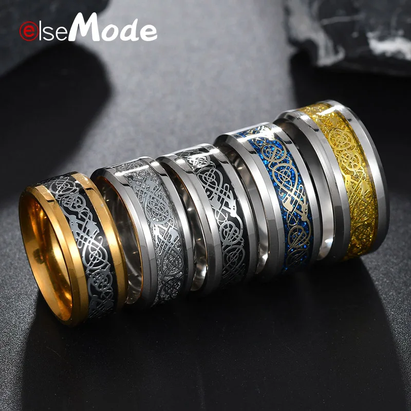 ELSEMODE Винтаж 316L нержавеющая сталь дракон кольца 8 мм для мужчин женщин золото серебро черный талисманы влюбленных Прямая