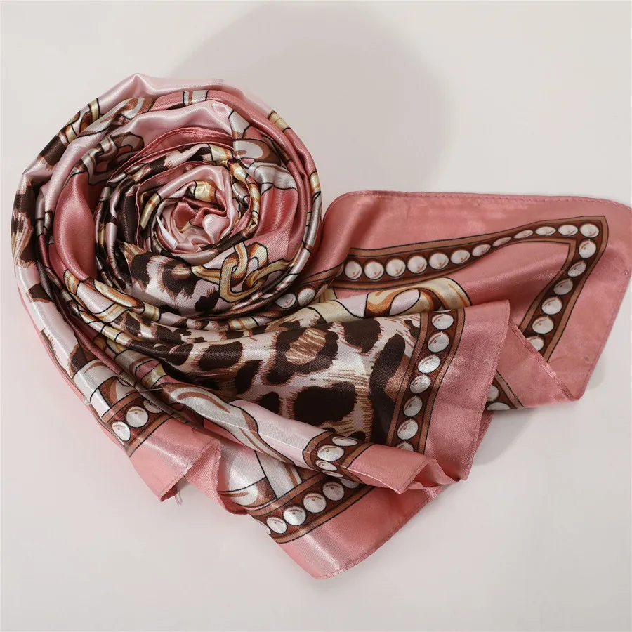 Foreign Trade Summer Satin Scarves Women Leopard Print Square Scarf 90cm Big Size Beach Pashmina Female Shawl Muslim Hijab Red |