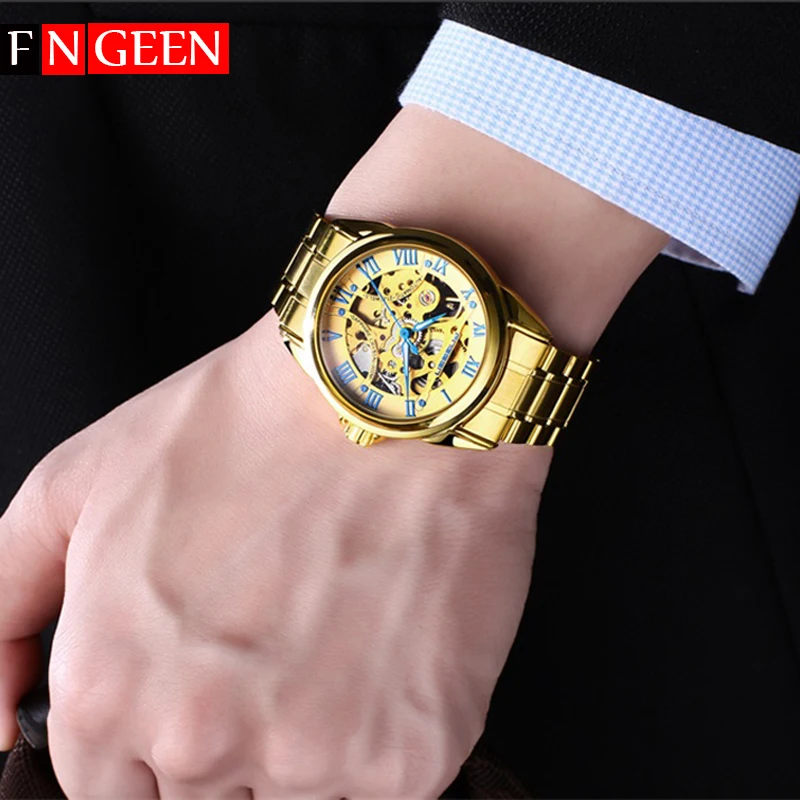 FNGEEN Brand Top Golden Luxury Men Watch Automatic Mechanical Watches Skeleton Self Wind Gold Men's Wristwatch Hollow Out Dial | Наручные