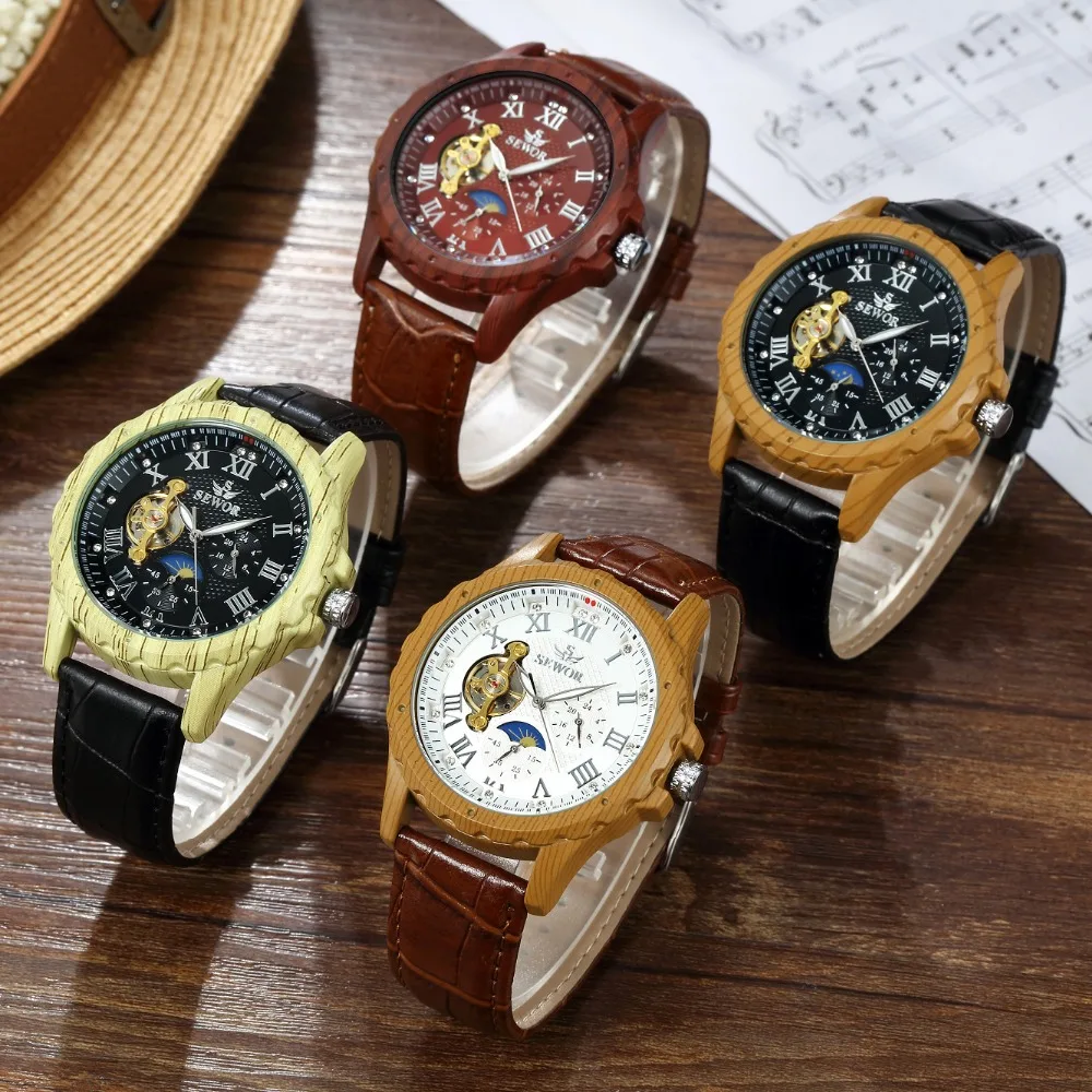 SEWOR механические Автоматические Мужские часы с кожаным скелетом модные