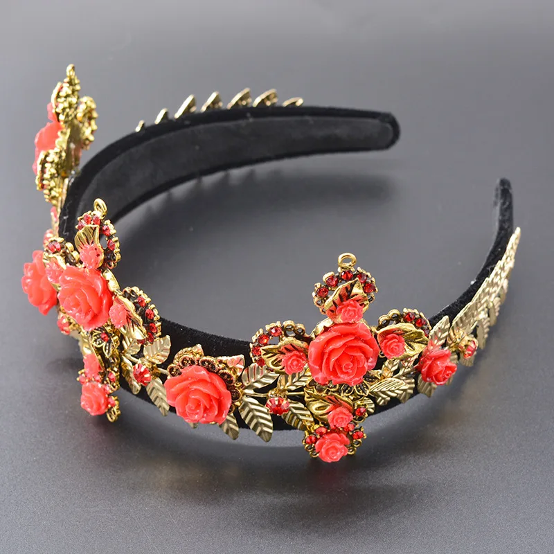 Retro Palace Baroque Crown Gold Leaves Wide Cross Headband Rose Flower Velvet Headdress For Women Bride Wedding Hair Accessories | Украшения