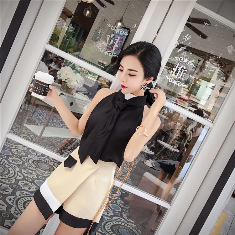 Лоскутный Цвет Холтер воротник без рукавов бант Тонкий рубашки + ассиметричный с