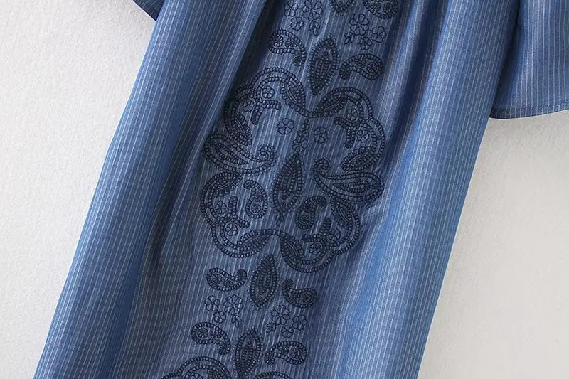 Summer 2018 Women Striped Vintage Blue Denim Dress Lady Short Sleeve Floral Embroidery Sexy Off Shoulder Plus Size | Женская одежда