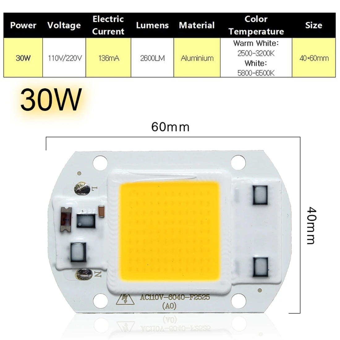 40X60 мм чип 220 В DIY COB 30 Вт 2600лм нет необходимости драйвер вход Smart IC Высокий люмен светодиодный светильник для DIY прожектор