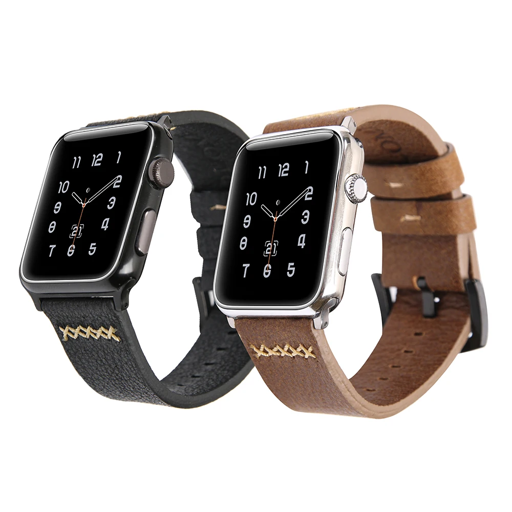 Ремешок кожаный для Apple Watch SE Band Series 6 5 4 3 2 черный/коричневый браслет iWatch 40 мм 44 38 42