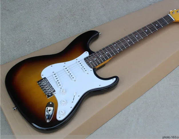 

Factory Custom Tobacco Sunburst Electric Guitar with White Pickguard,Chrome Hardwares,Rosewood Fretboard,Offer Customized