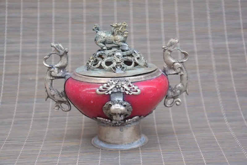 Старинный серебряный и нефритовый благовонный кадило династии Цинь с львом и драконом приносящими удачу и избавляющими от зла бесплатная доставка.