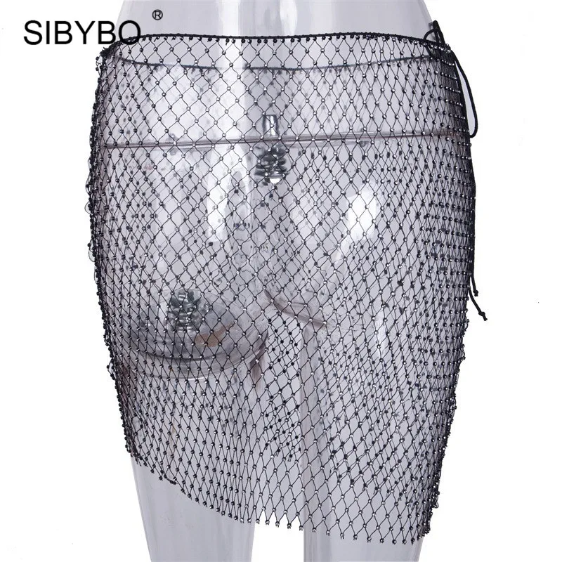 Sibybo Parkly, стразы, сетчатая облегающая мини-юбка, Женская Сексуальная кружевная прозрачная сетчатая юбка, Harajuku, летние пляжные вечерние юбки