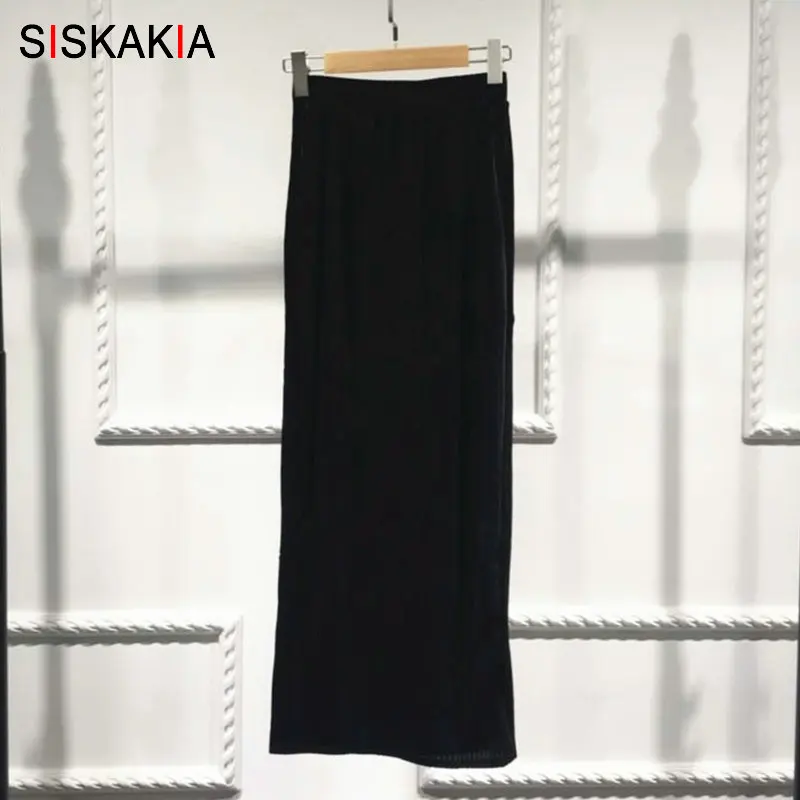 Black skirt Siskakia Лето Женская юбка длиной до щиколотки, однотонная длинная облегающая юбка карандаш, оранжевая, розовая, зеленая короткая модная эластичная трикотажная юбка - Цвет: Black skirt